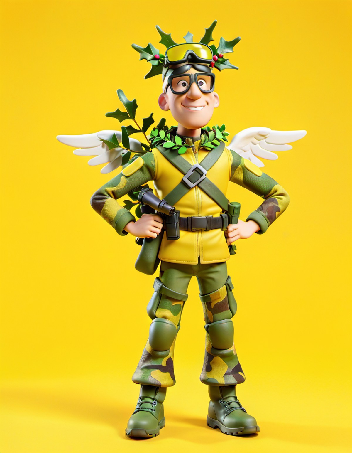 claymation, fullbody angel mercenary, covered in mistletoe, wearing a yellow camouflage, yellow background, hands on hips,...